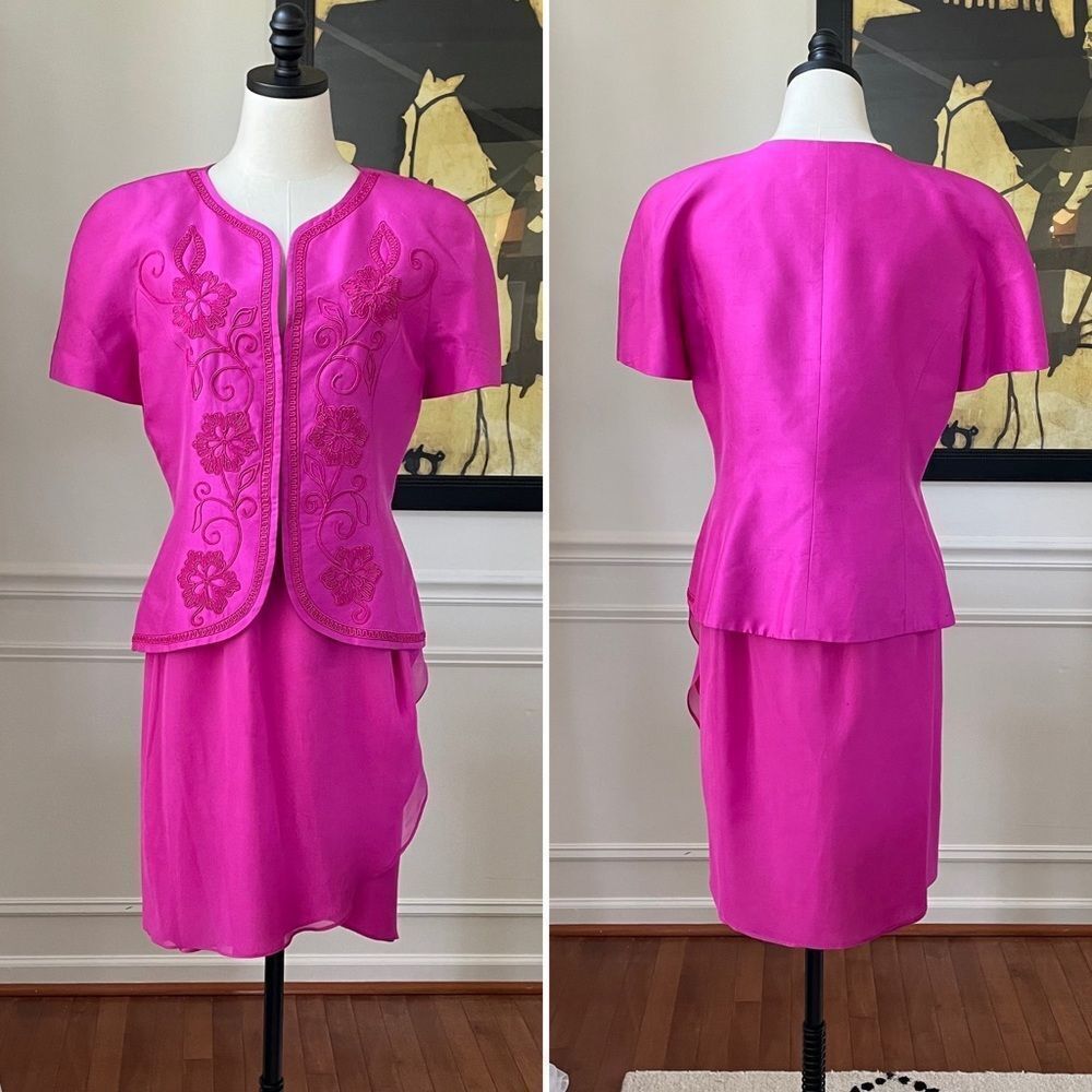 Vintage Constance Saunders Silk Jacket Wrap Skirt Raspberry 10